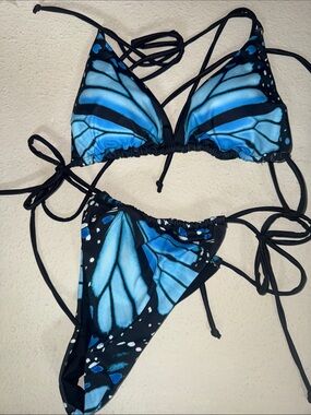 Blue Butterfly Print String Bikini